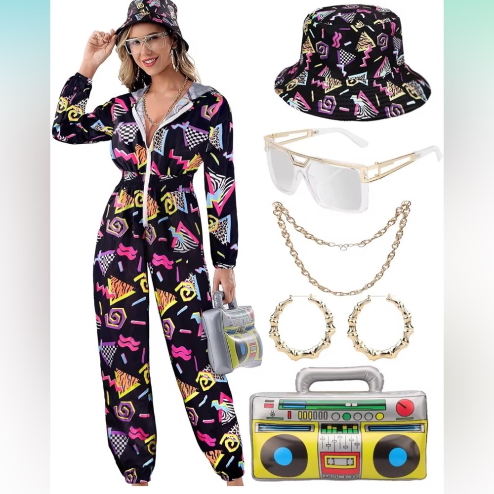 Halloween costume Adult XL Colorful 80s Style Jumpsuit with Accessories